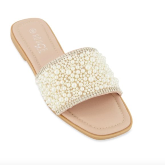 Shoes - Womens Faux Pearl and Diamond Band Flat Sandals in Elegant Nude